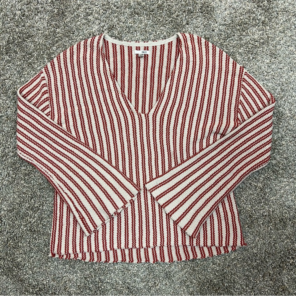 Amuse society sweater womens small bell sleeve v neck striped red cream top‎
